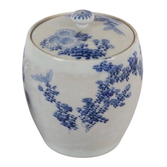 VTG Japanese Blue & White Porcelain Ginger Jar 6" Chinoiserie Floral Collectible - Picture 1 of 7